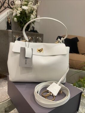 Designer Inspired White Leather Top-Handle Satchel with Gold Hardware